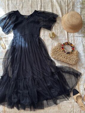 Sheer Mesh dot black midi dress with ruffles
